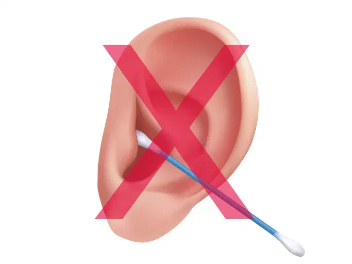 Graphic of a cotton bud being inserted into an ear with a big red x over it.