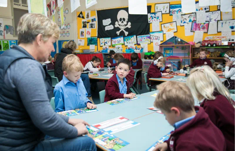 Teacher sitting at the end of a classroom table with 4 students completing a reading activity together.