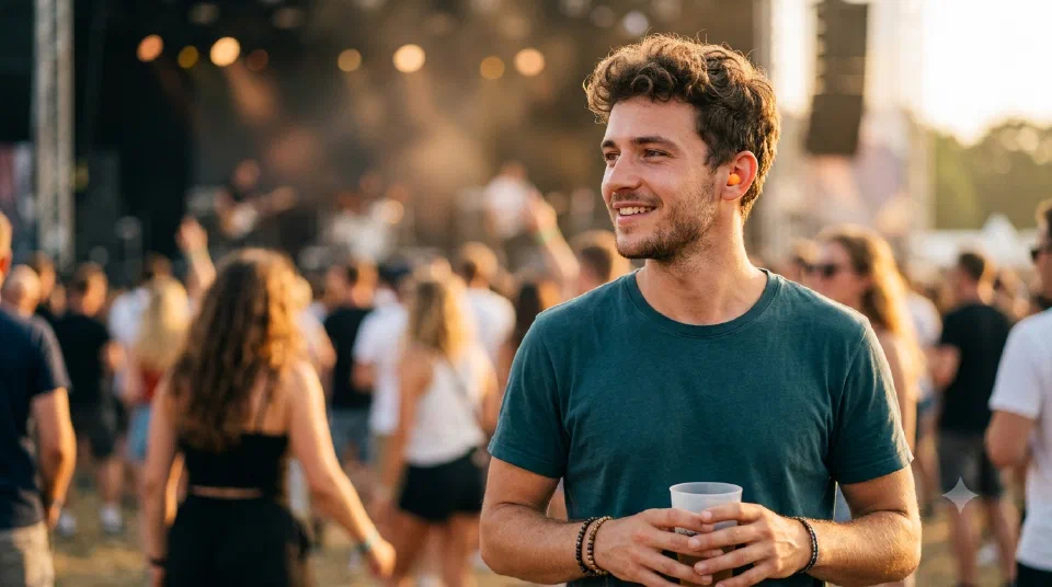 A young man wearing an earplug smiles at an outdoor concert, protecting his hearing while enjoying the music.